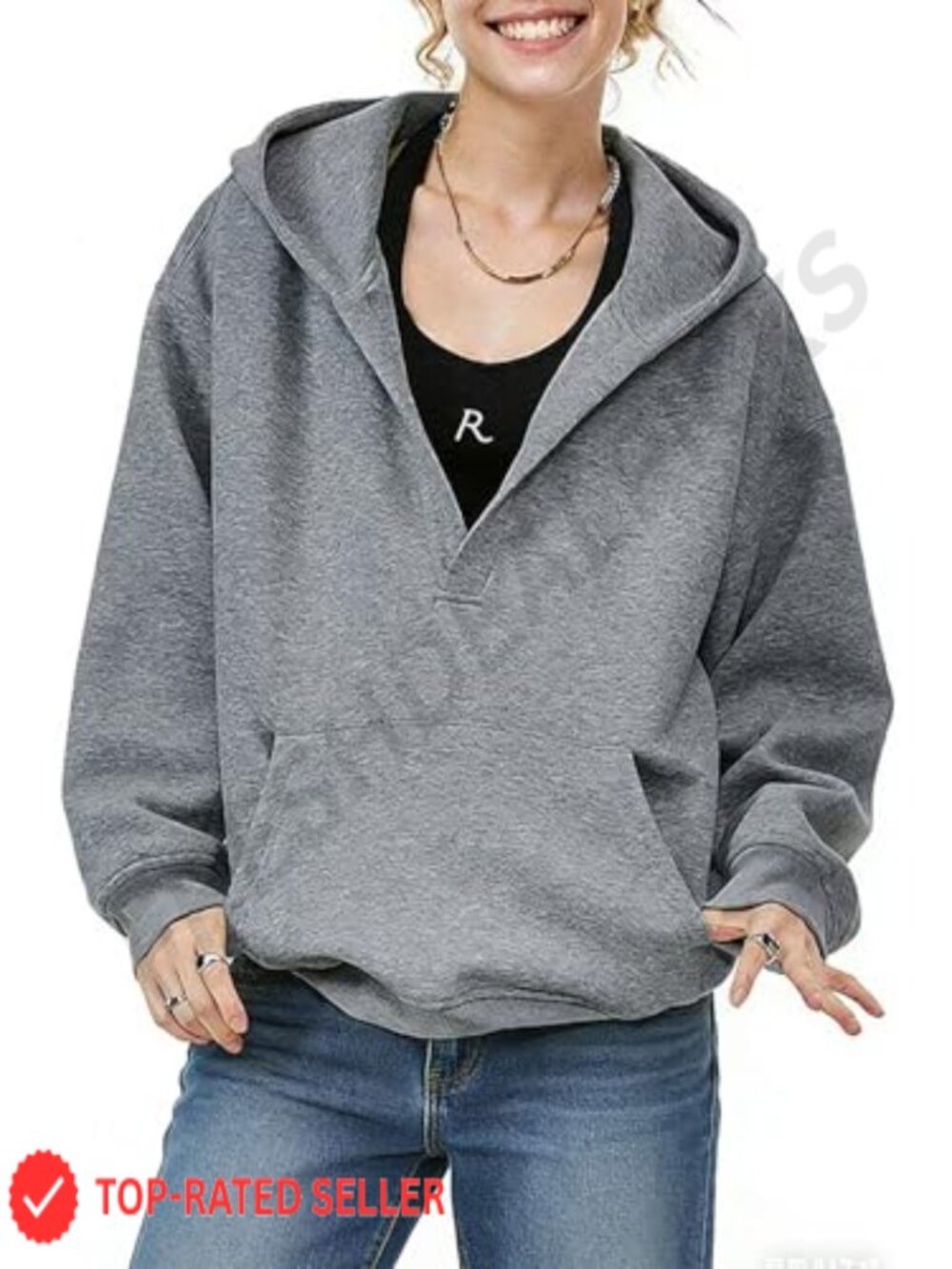 Oversized Cotton Blend Pullover Hoodie V-Neck Kangaroo Pocket Fleece Sweatshirt
